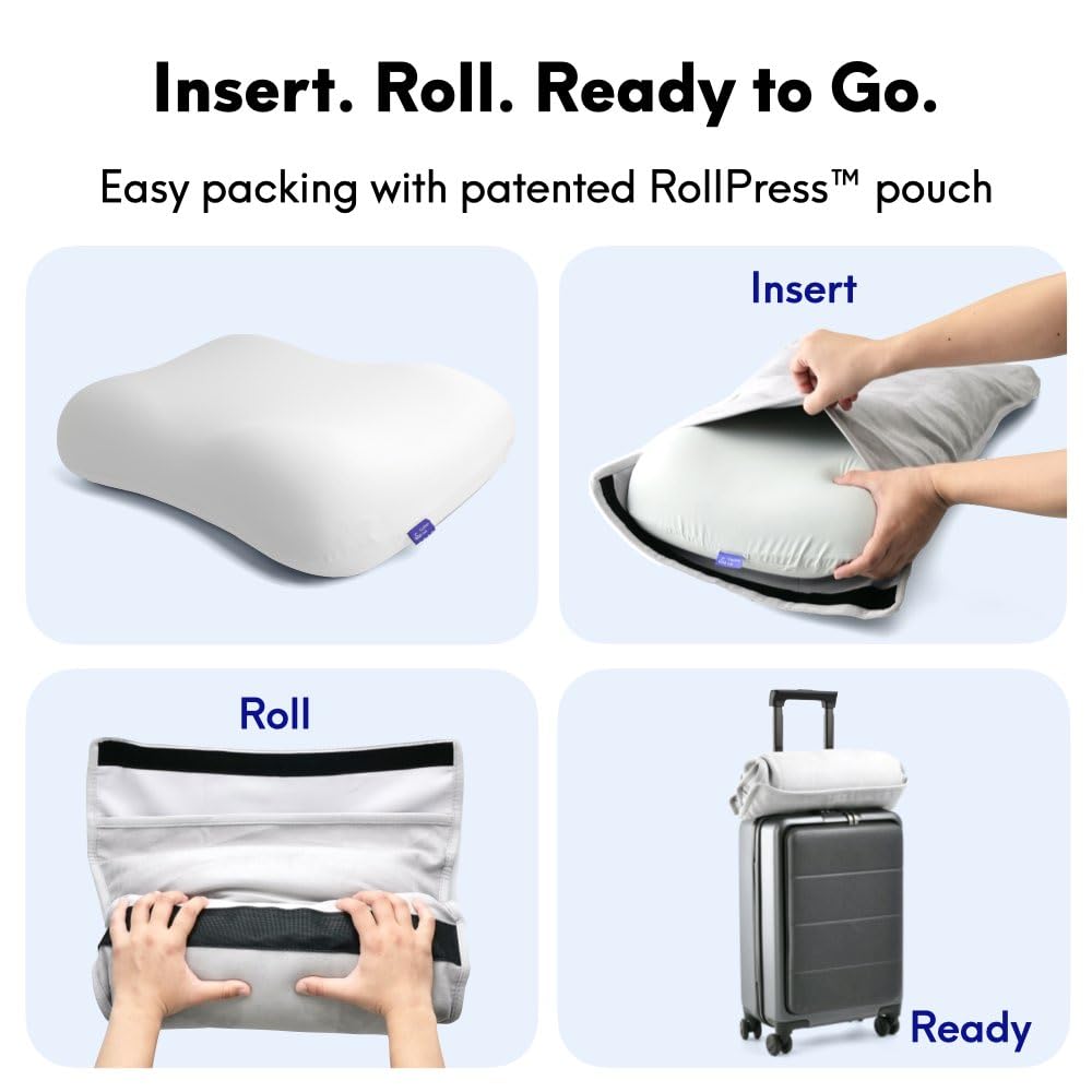C CUSHION LAB pillow placed on hotel bed illustrating consistent comfort away from home