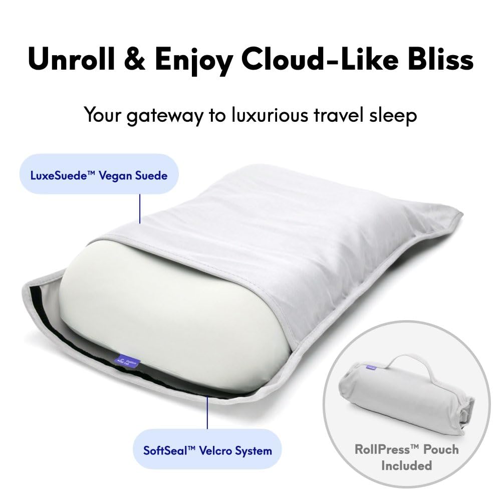 C CUSHION LAB travel pillow tucked inside a carry-on suitcase demonstrating space-saving packing