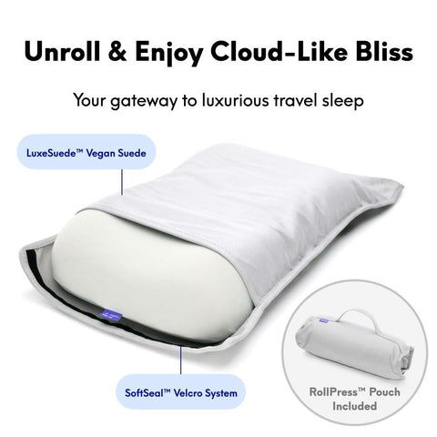 C CUSHION LAB travel pillow tucked inside a carry-on suitcase demonstrating space-saving packing