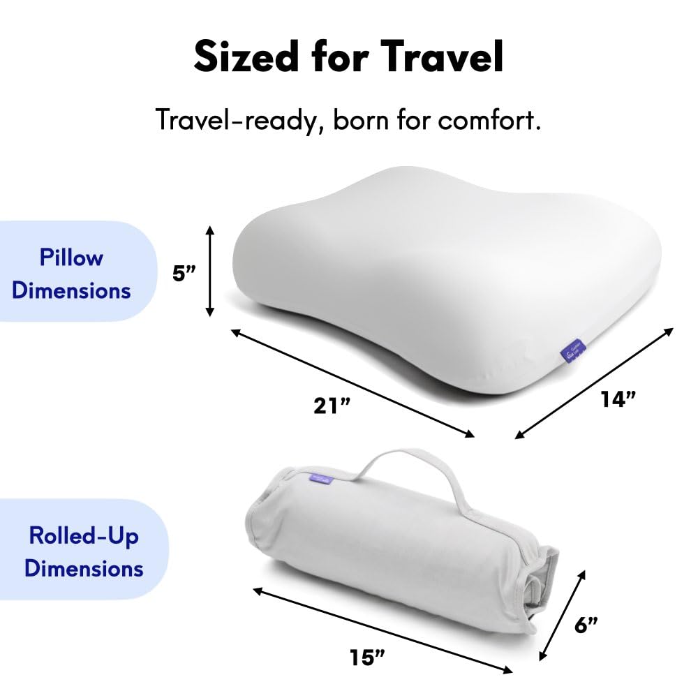 C CUSHION LAB pillow beside a water bottle showing compact size and travel-friendly scale