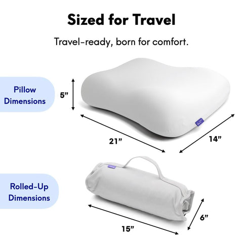 C CUSHION LAB pillow beside a water bottle showing compact size and travel-friendly scale