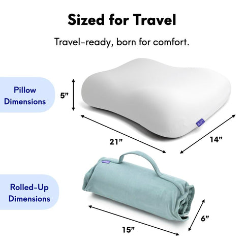 C CUSHION LAB pillow beside hand for scale illustrating compact size and travel readiness