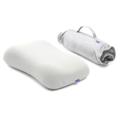 C CUSHION LAB front view of travel pillow showing compact shape and calm grey color for easy packing