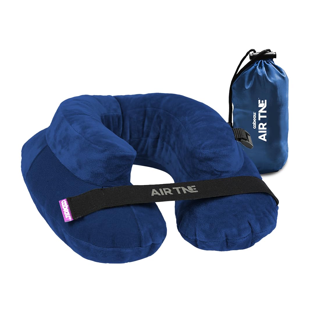 Cabeau Air TNE front view showing royal blue compact pillow and pouch for easy travel