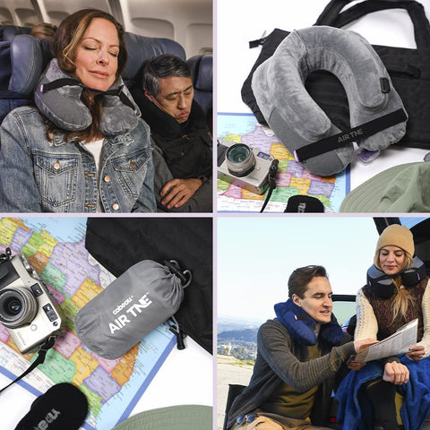 Cabeau Air TNE pouch clipped to commuter backpack for hands-free travel