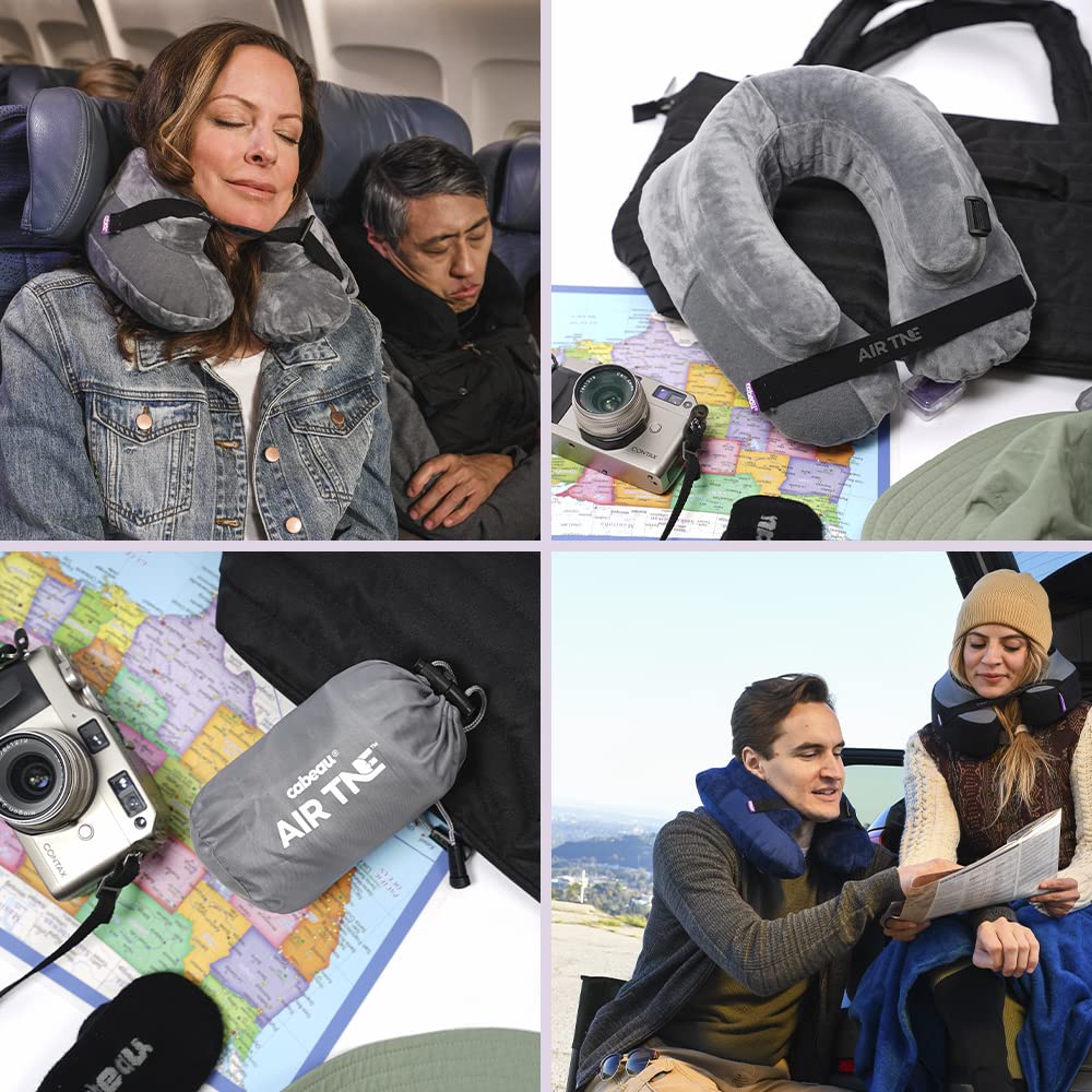 Cabeau Air TNE clipped to a travel backpack showing lightweight convenience on trips