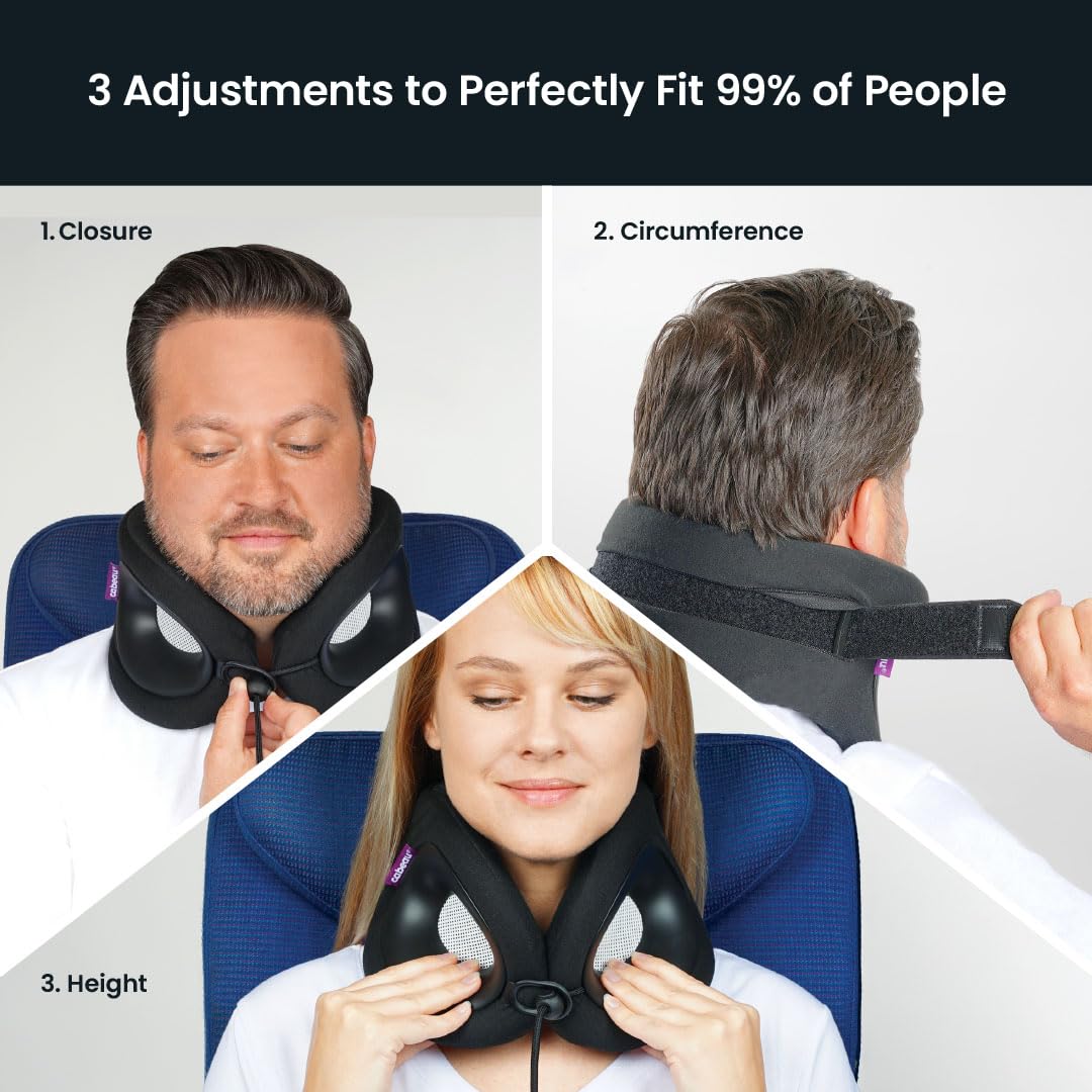 Traveler wearing Cabeau Evolution X on airplane seat demonstrating comfortable support