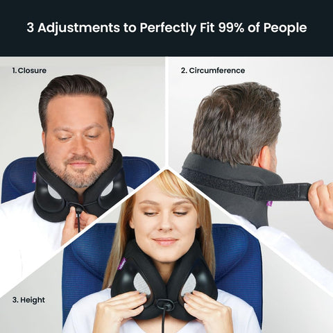 Traveler wearing Cabeau Evolution X on airplane seat demonstrating comfortable support
