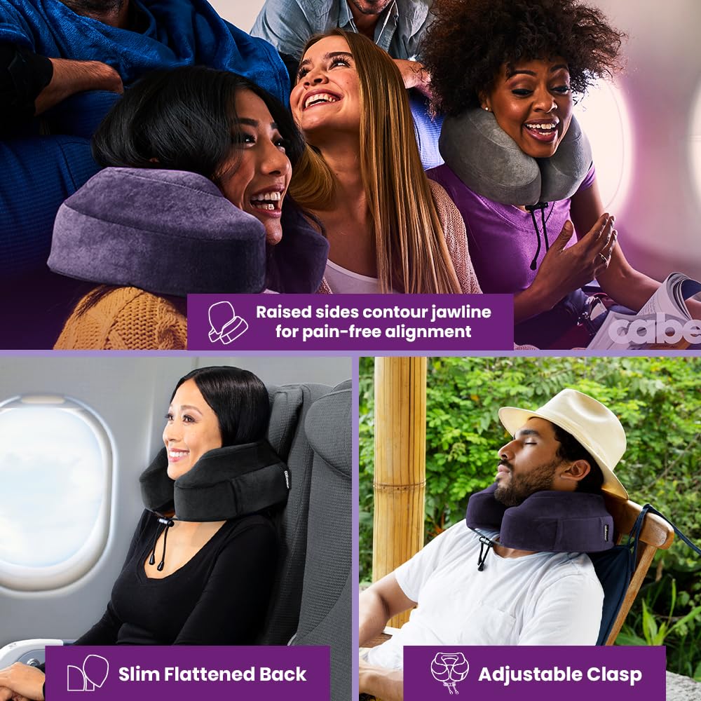 Cabeau travel pillow in airplane seat demonstrating stable head support for sleeping