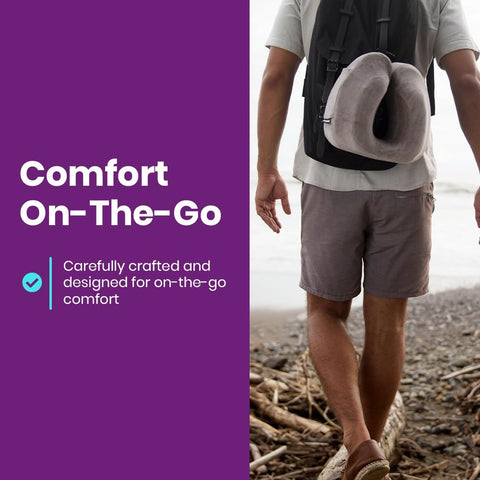 Cabeau pillow beside backpack for scale showing compact packable travel convenience
