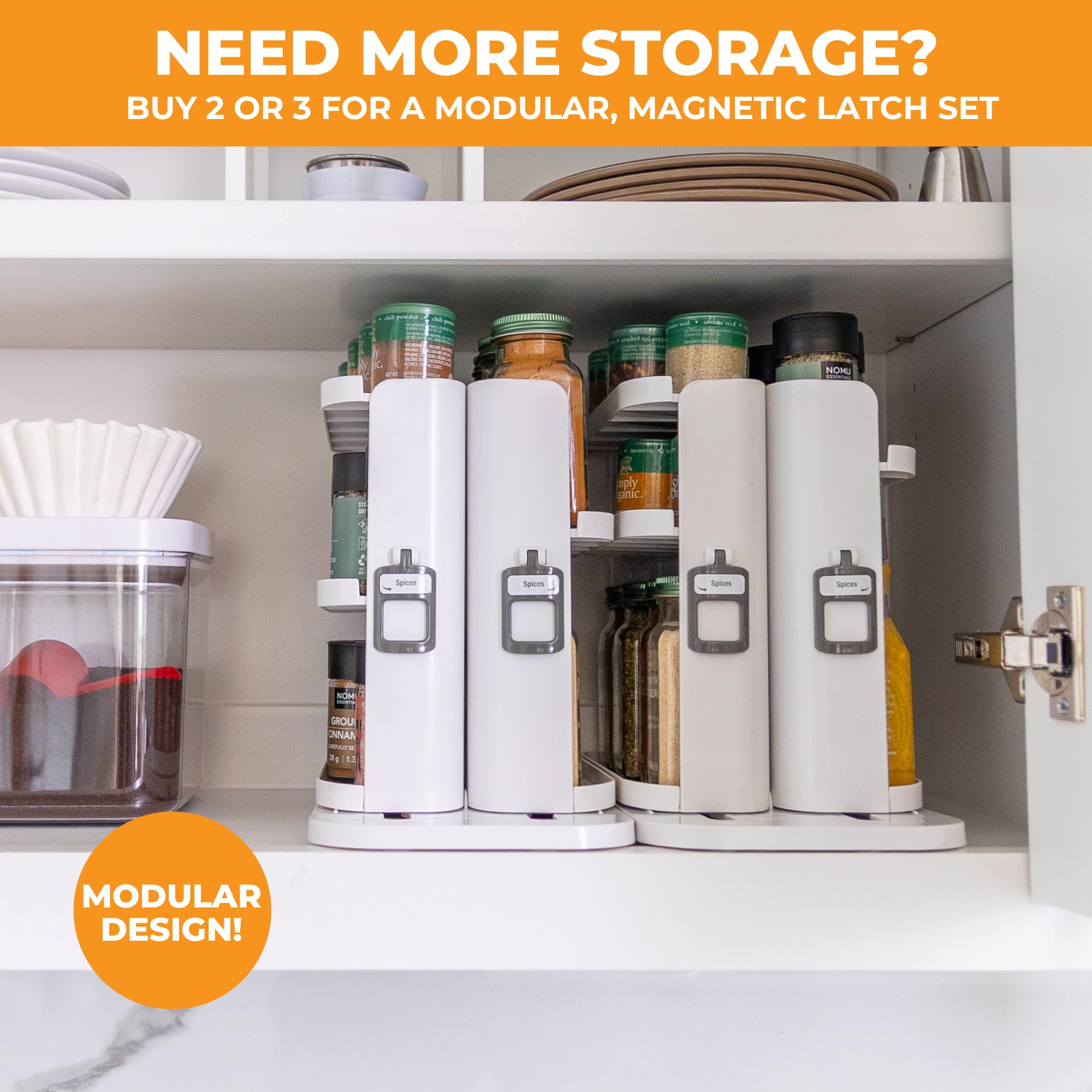 Cabinet Caddy SNAP! installed in kitchen cabinet showing neat spice organization