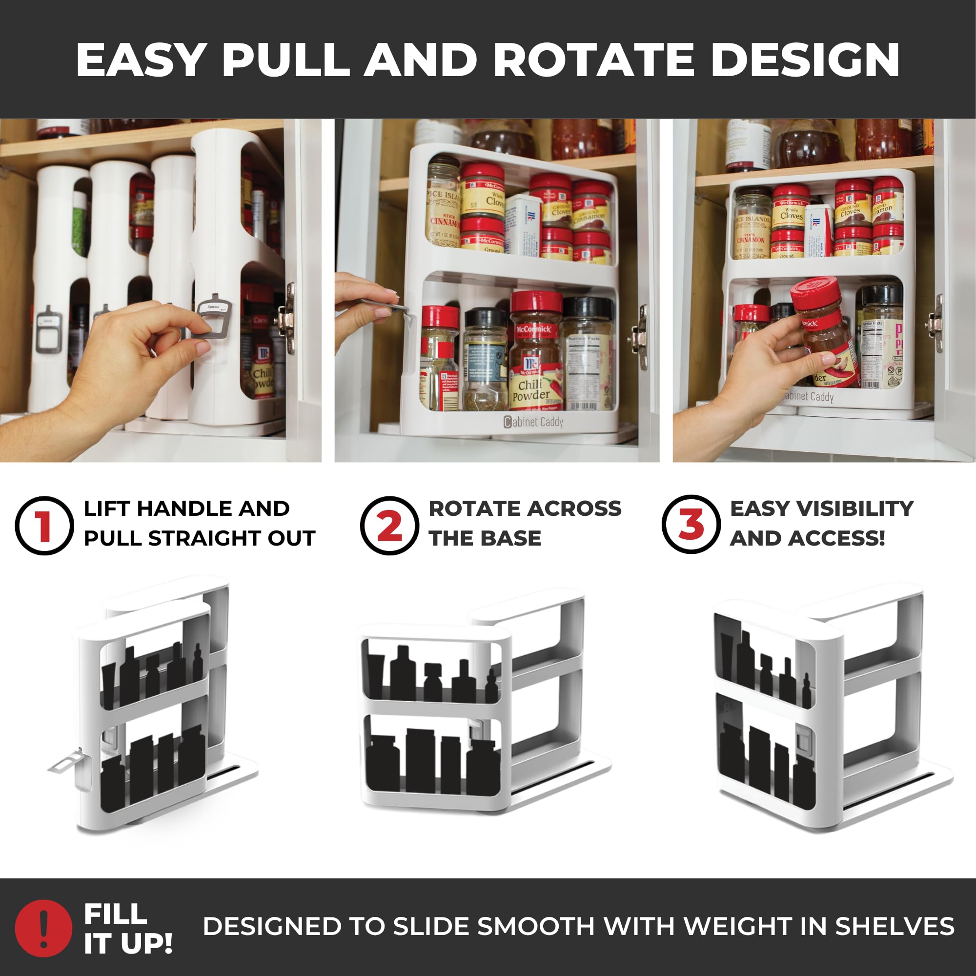 Cabinet Caddy two-tier shelves loaded with spice jars for visibility