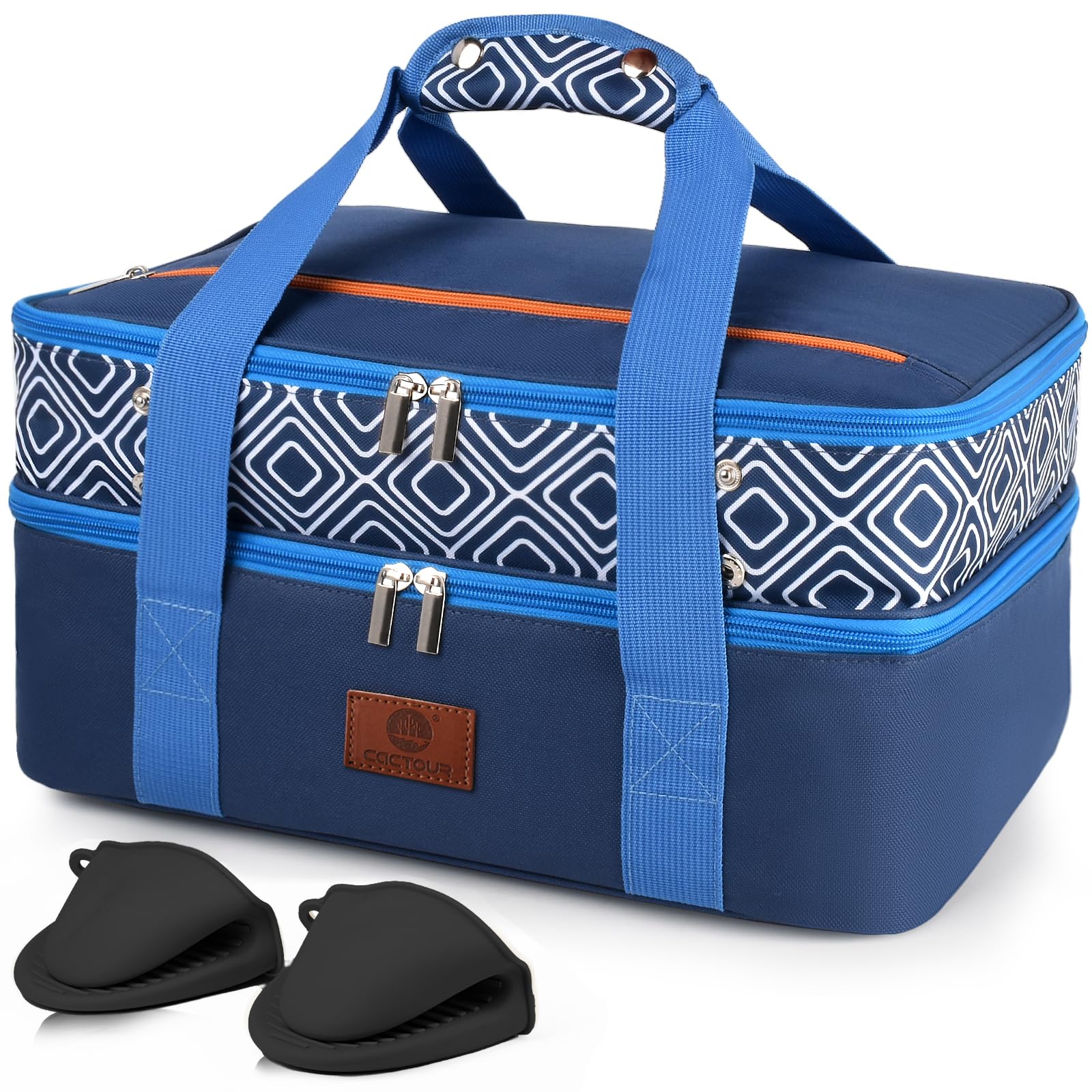 CaCTOUR front view of blue insulated lunch bag showing organized storage and easy carry