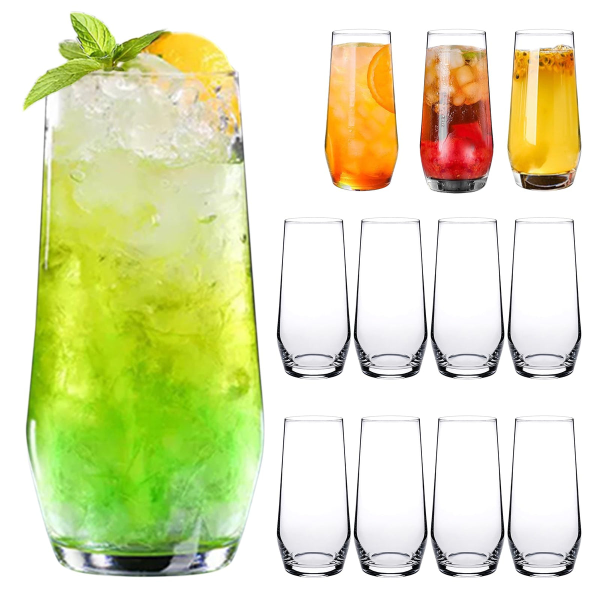 Cadamada front view of full 12-piece highball glass set showing polished look and value