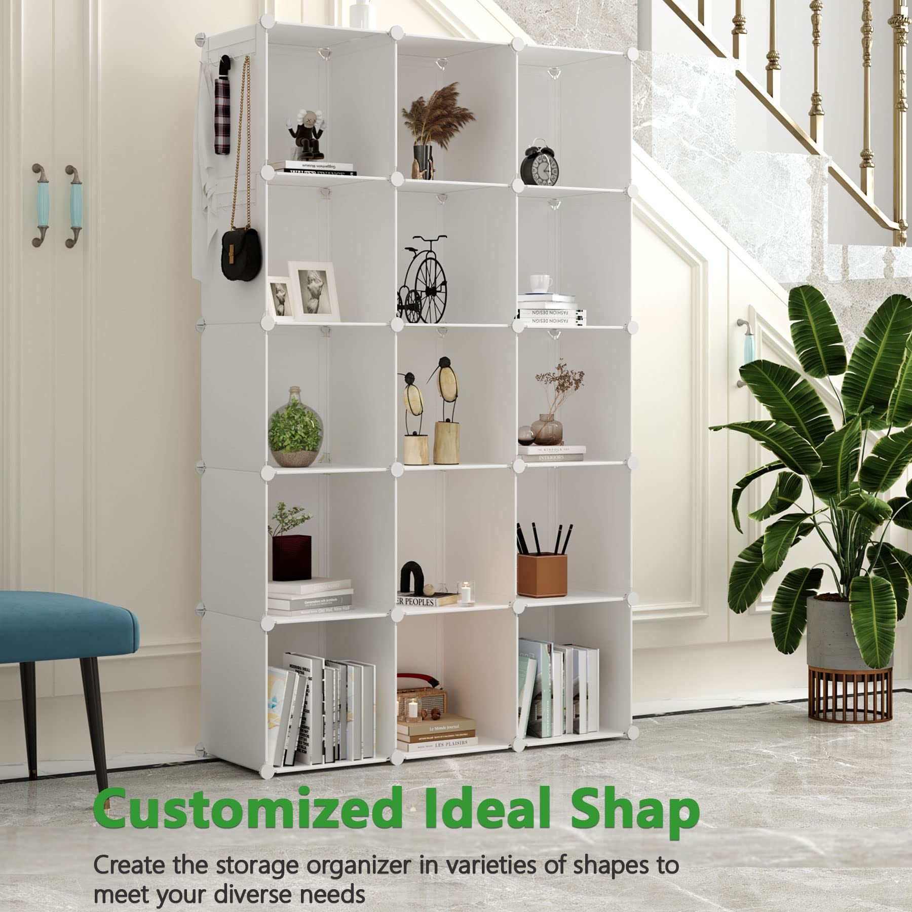 C&AHOME organizer in living room displaying books and plants benefit