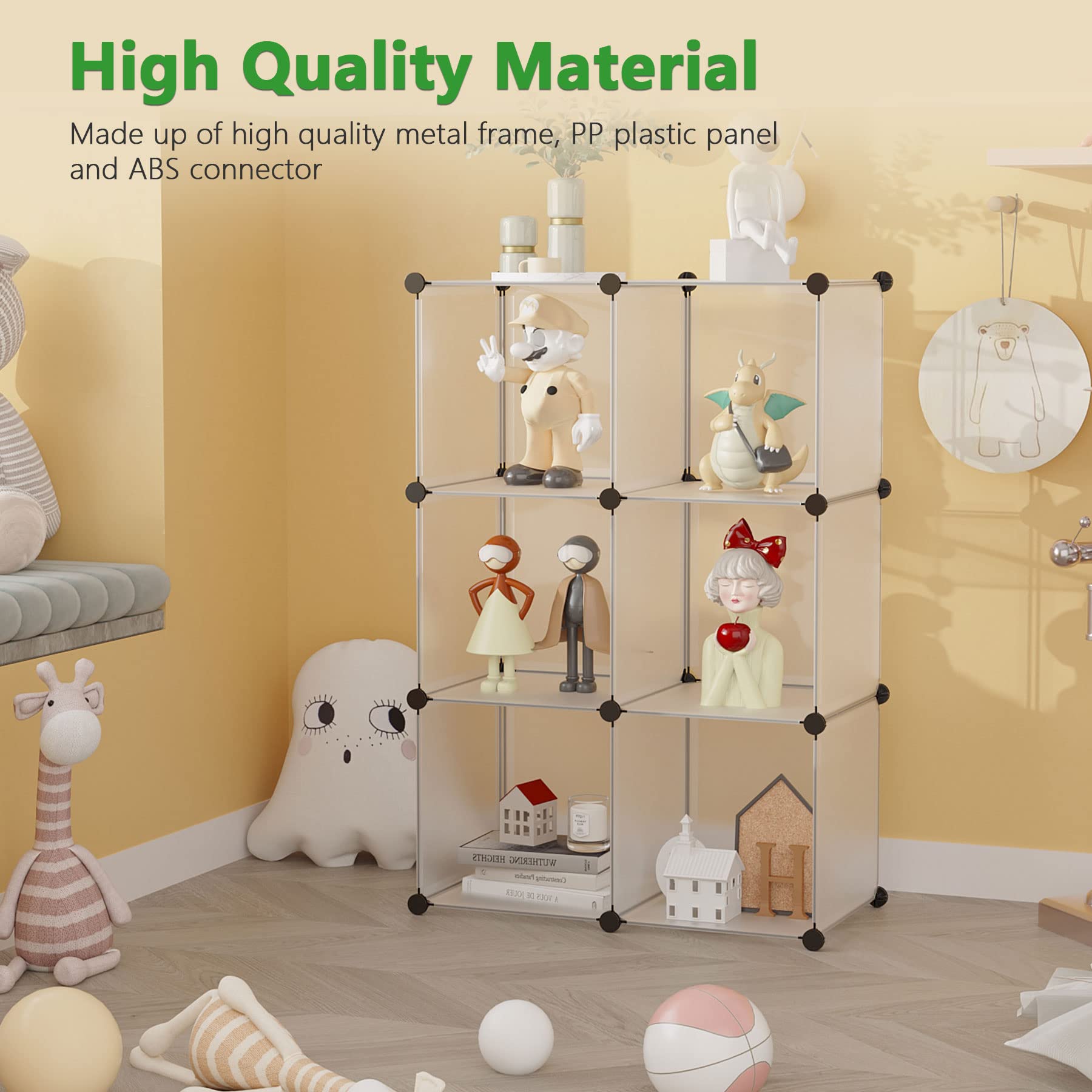 C&AHOME open cube with labeled fabric bins, demonstrating tidy containment and easy access benefit