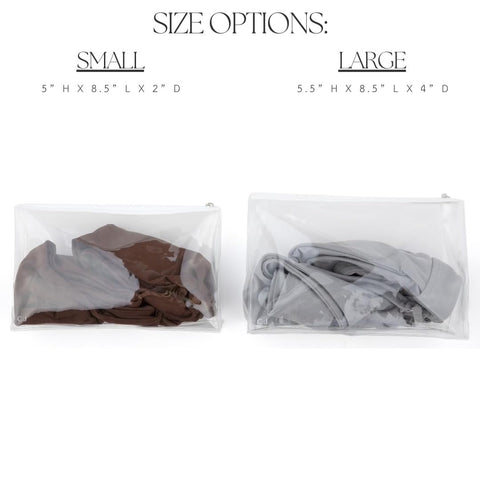 Caitlin Jaymes clear pouch with visible two-piece suit for easy outfit selection