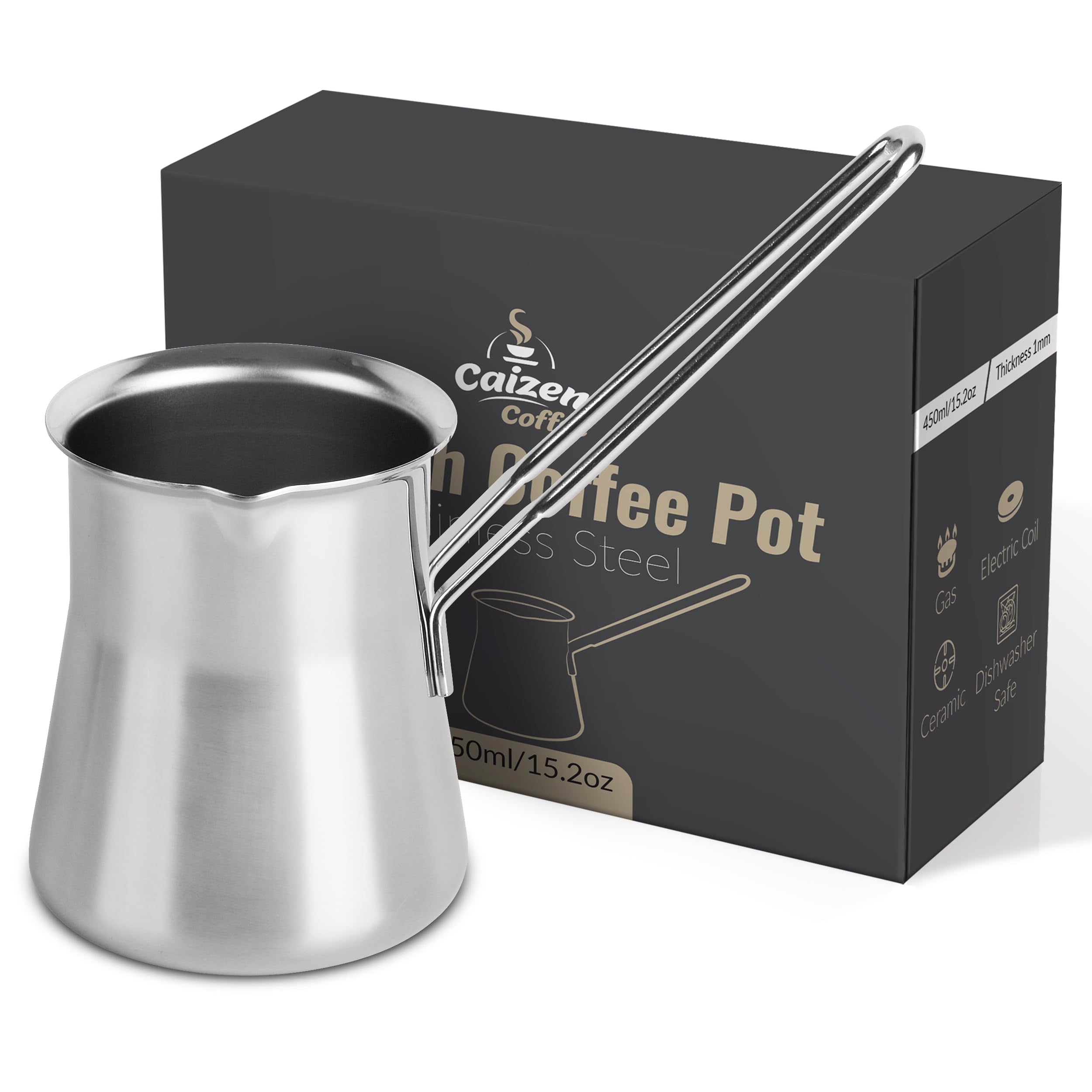 Caizen Coffee front view of 15oz stainless briki, durable and elegant