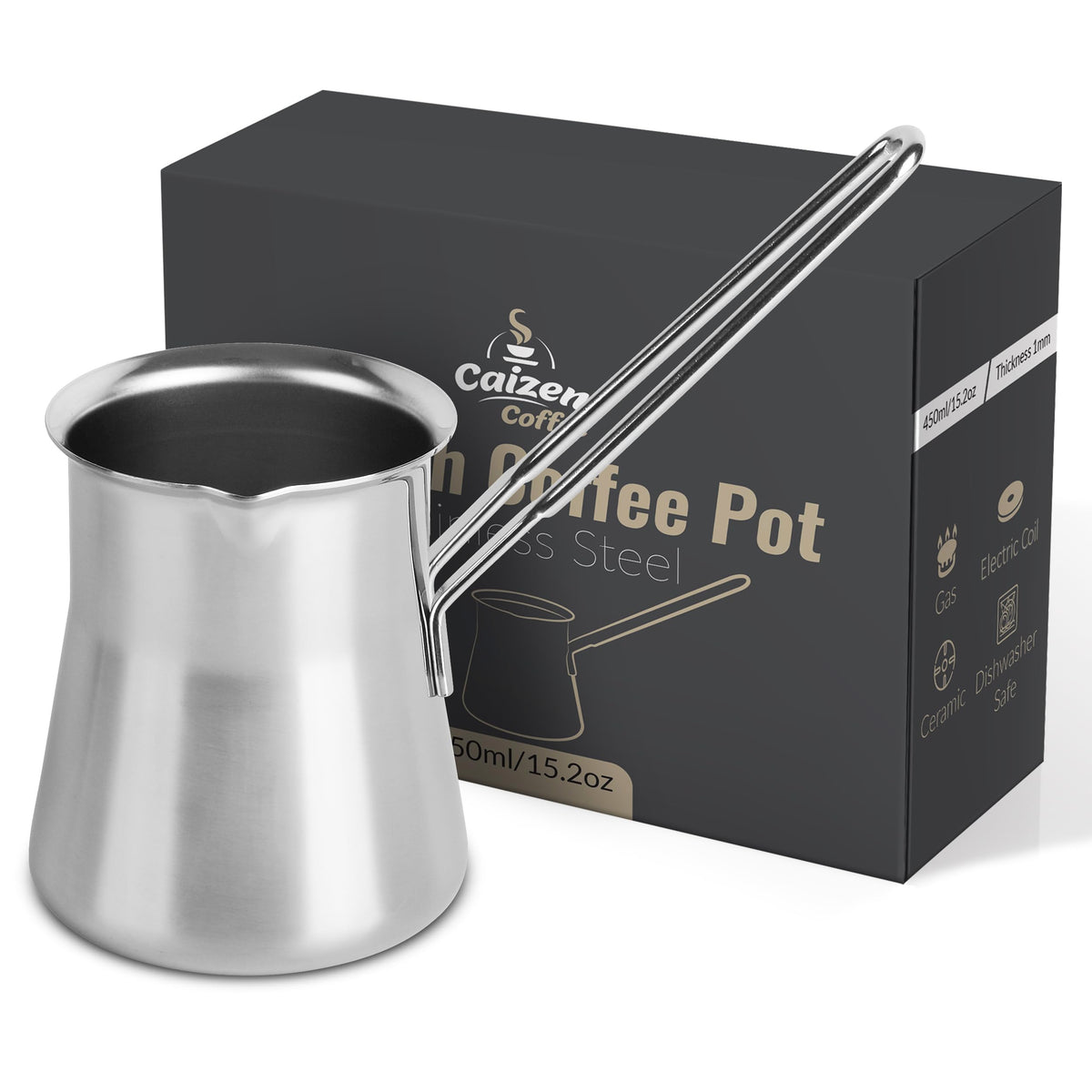 Caizen Coffee front view of 15oz stainless briki, durable and elegant