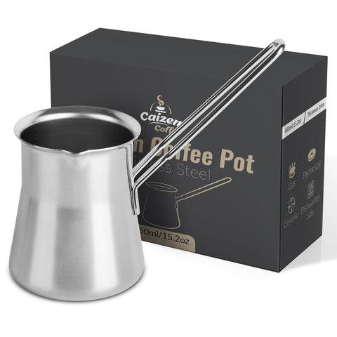 Caizen Coffee front view of 15oz stainless briki, durable and elegant