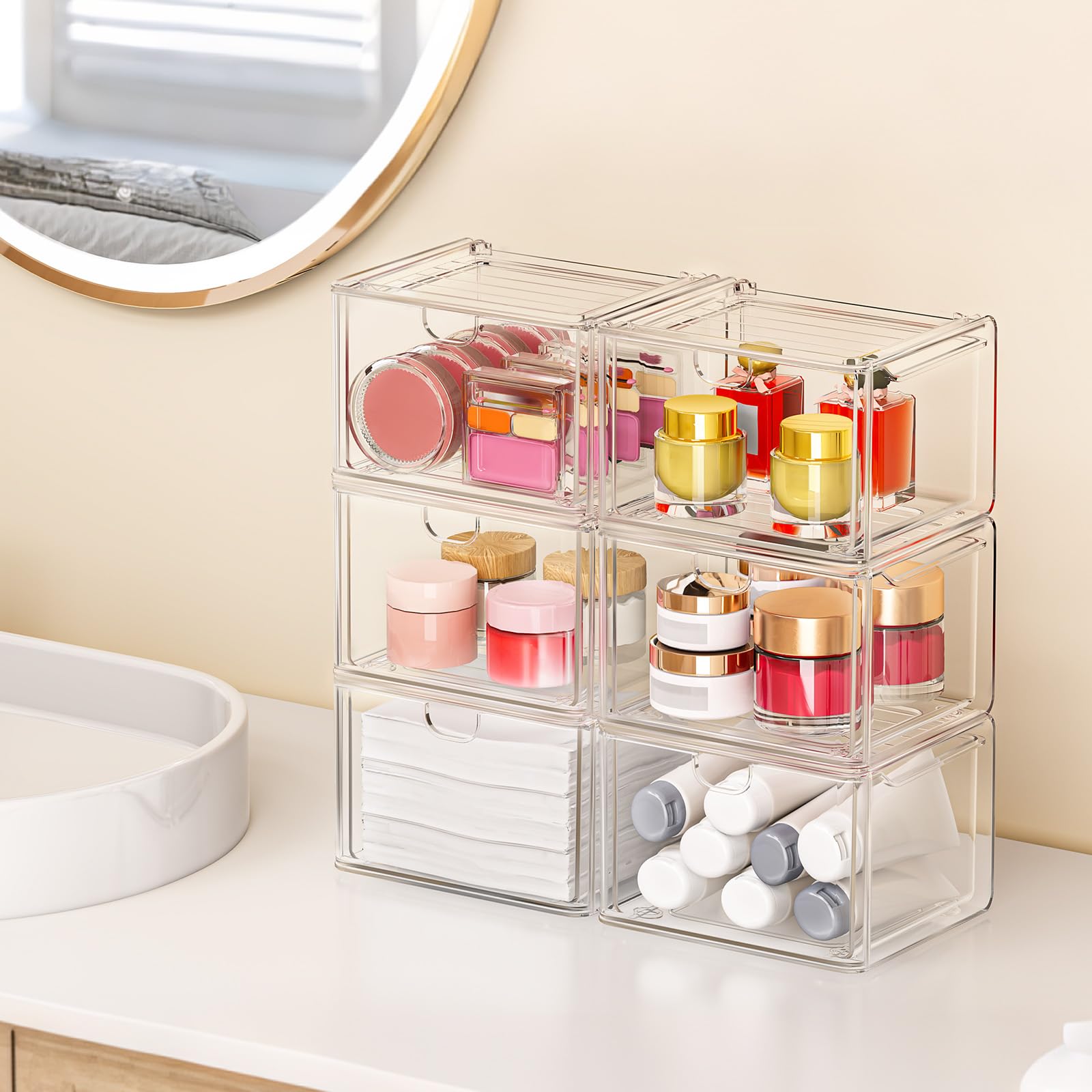 caktraie drawer open revealing neatly stored cosmetics for quick access