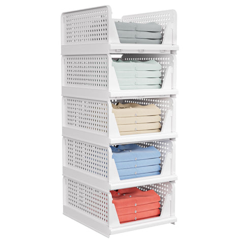 caktraie front view of five stacked baskets showing organized storage benefit