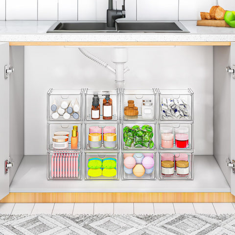 caktraie transparent drawer filled with makeup for instant visual organization