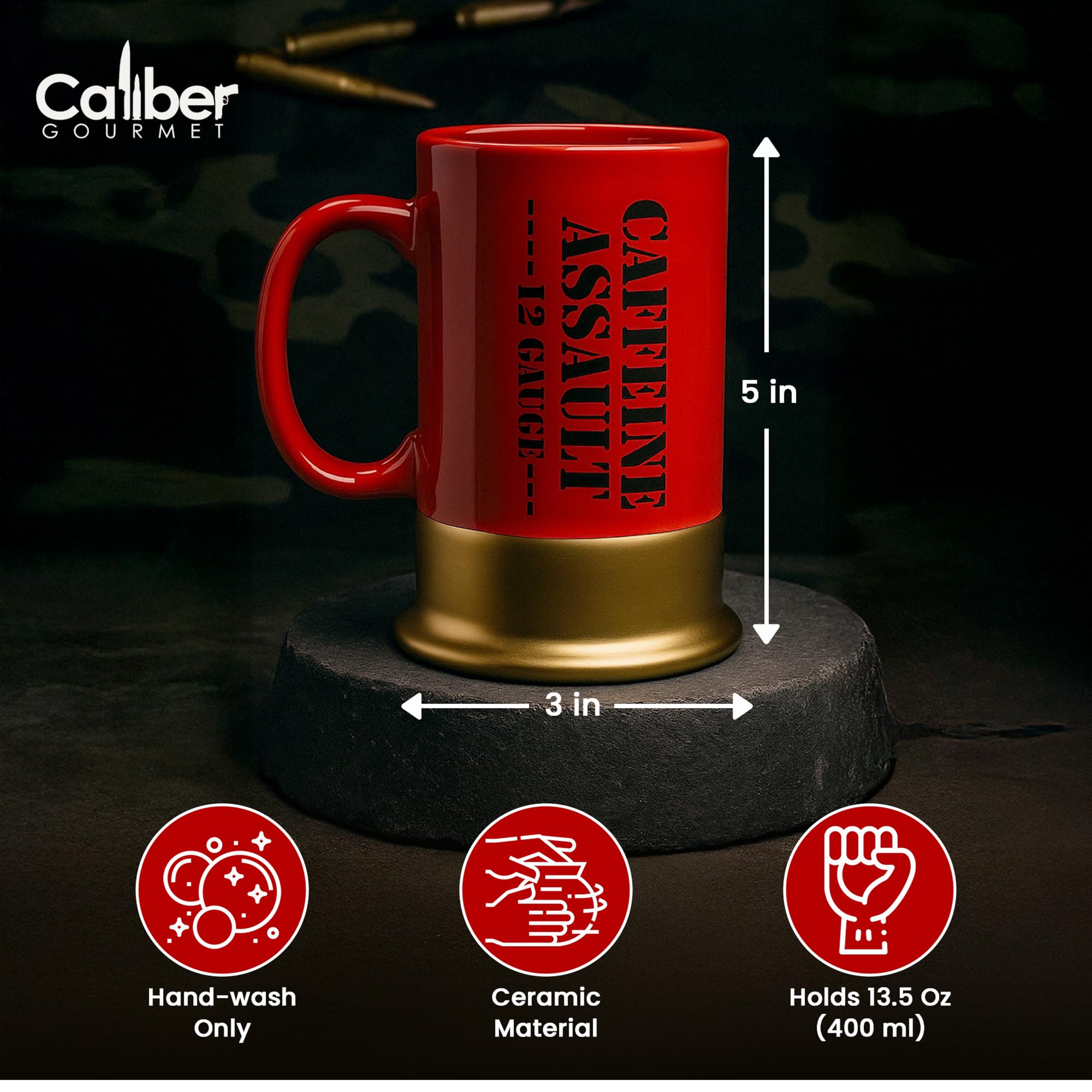 Caliber Gourmet mug in hand demonstrating scale and comfortable tabletop fit
