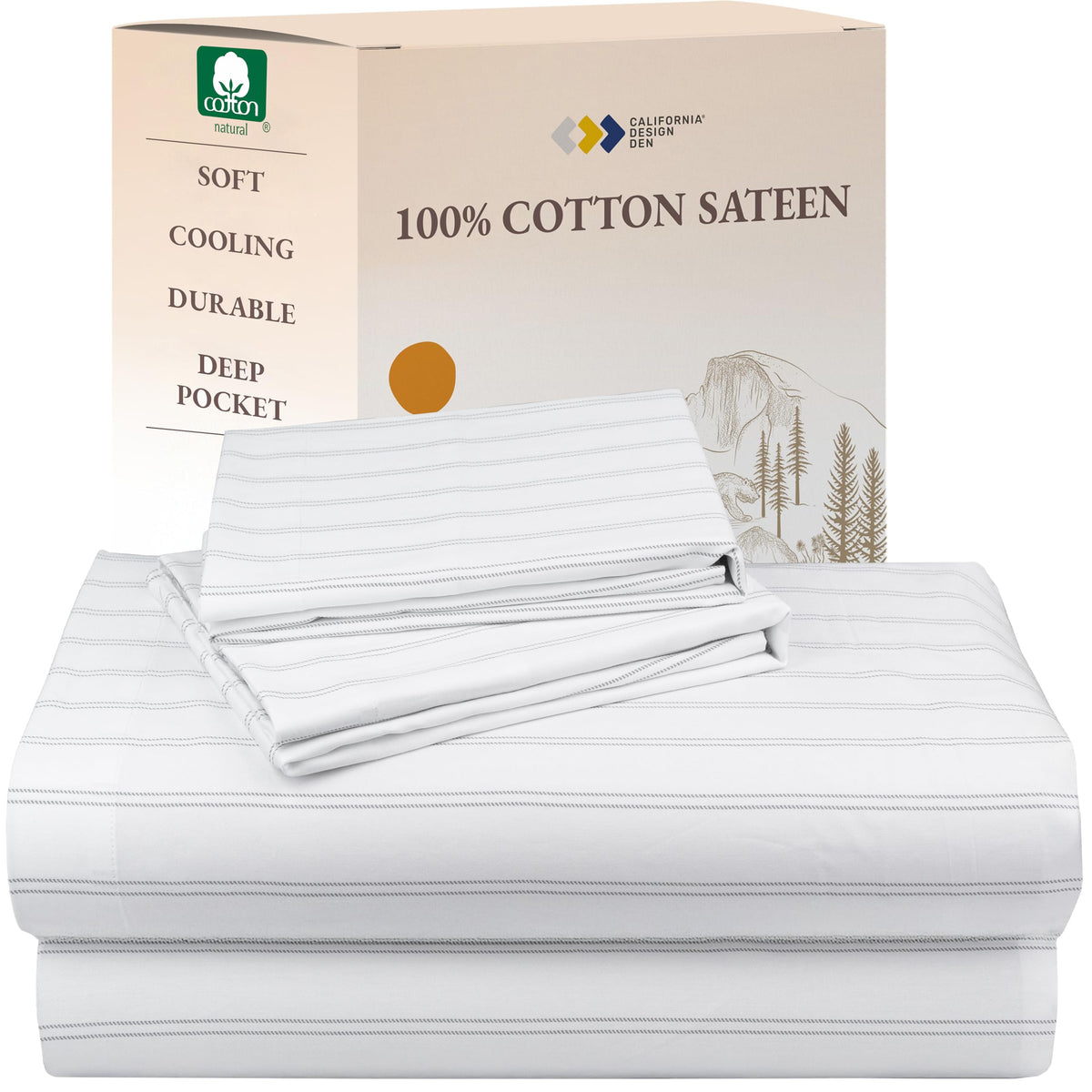 California Design Den front packaging showing classic stripe and product name, communicates eco-friendly packaging