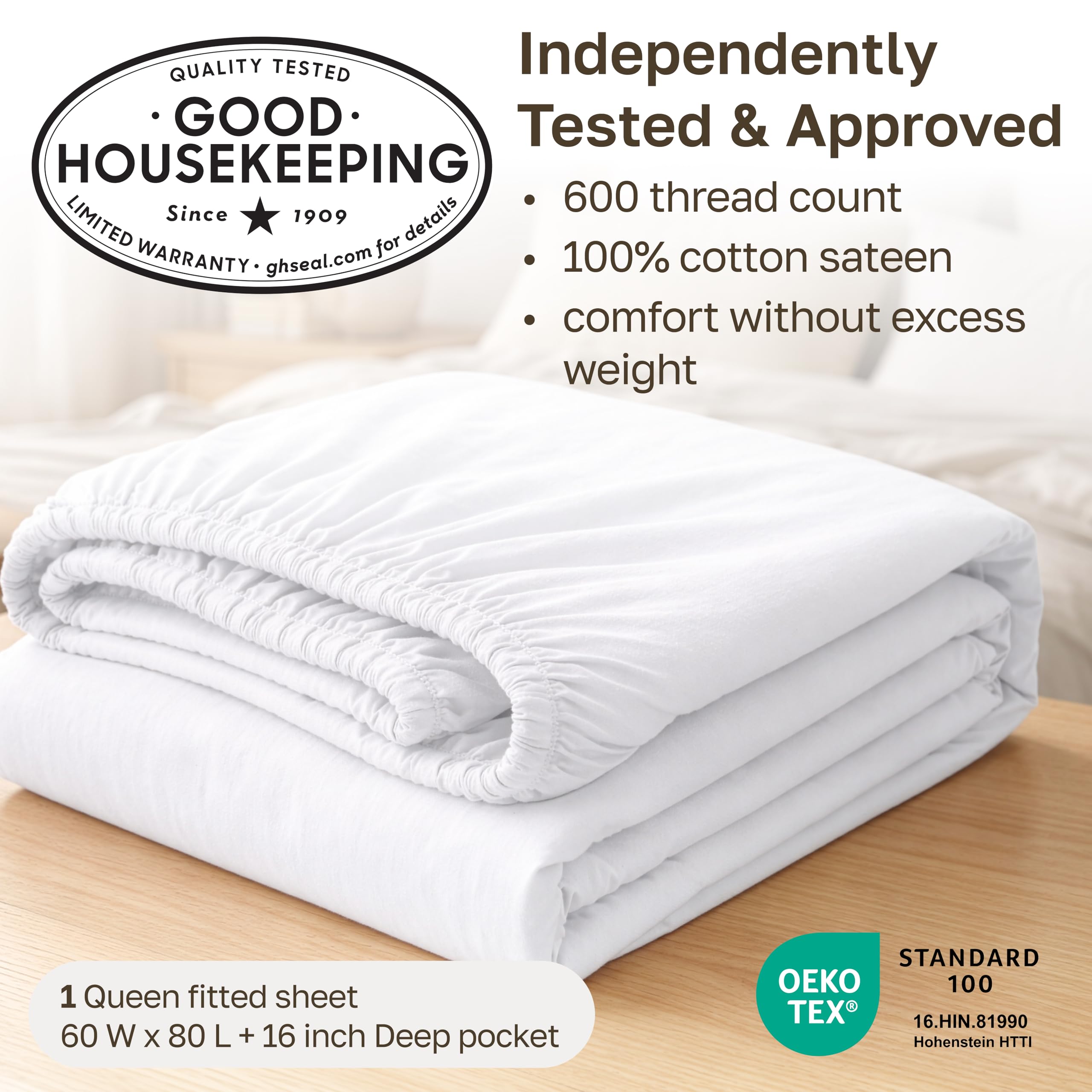 Detail shot of California Design Den deep 16-inch pocket and all-around elastic for secure mattress grip
