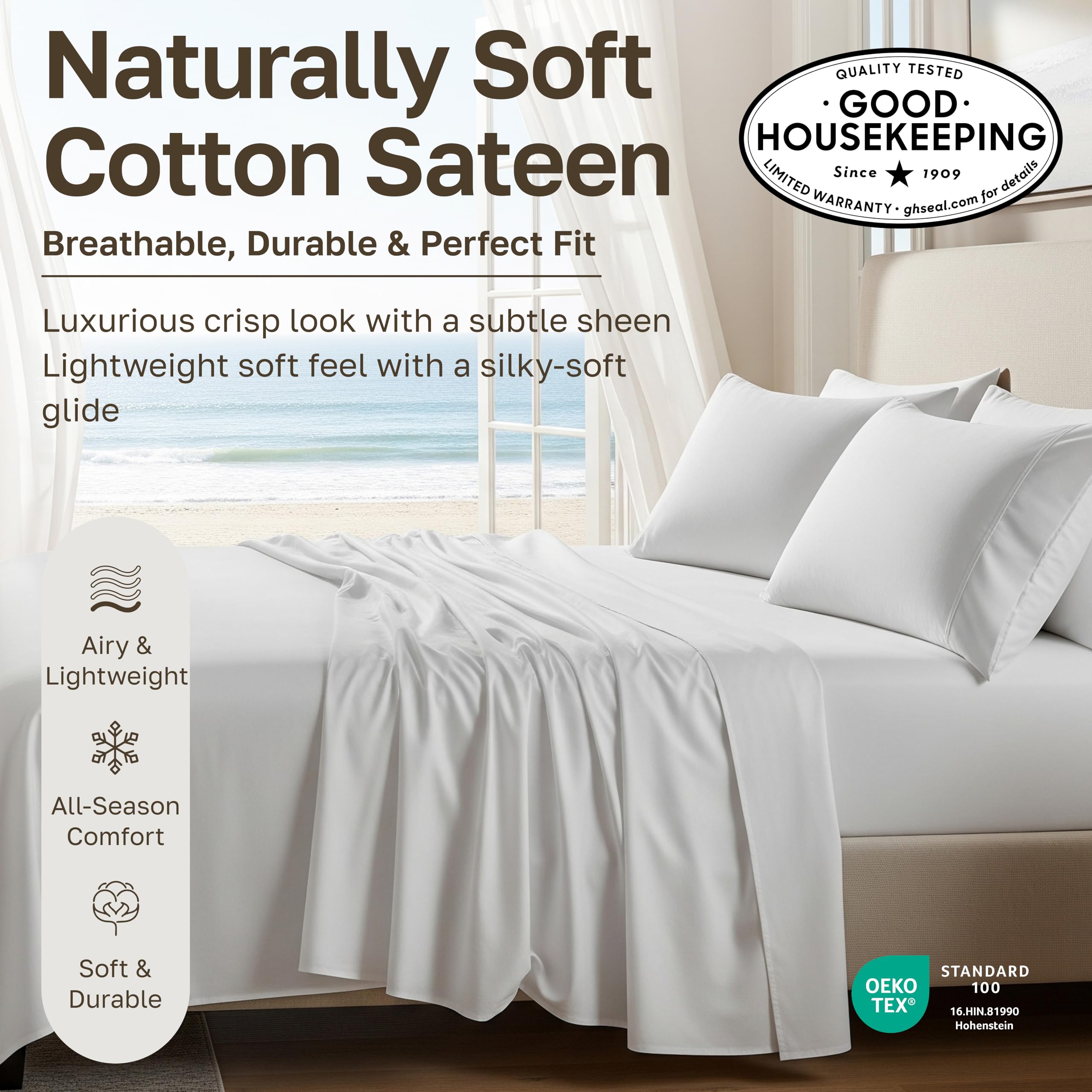 California Design Den deep-pocket fitted sheet corner showing elastic fit for mattresses up to 14 inches