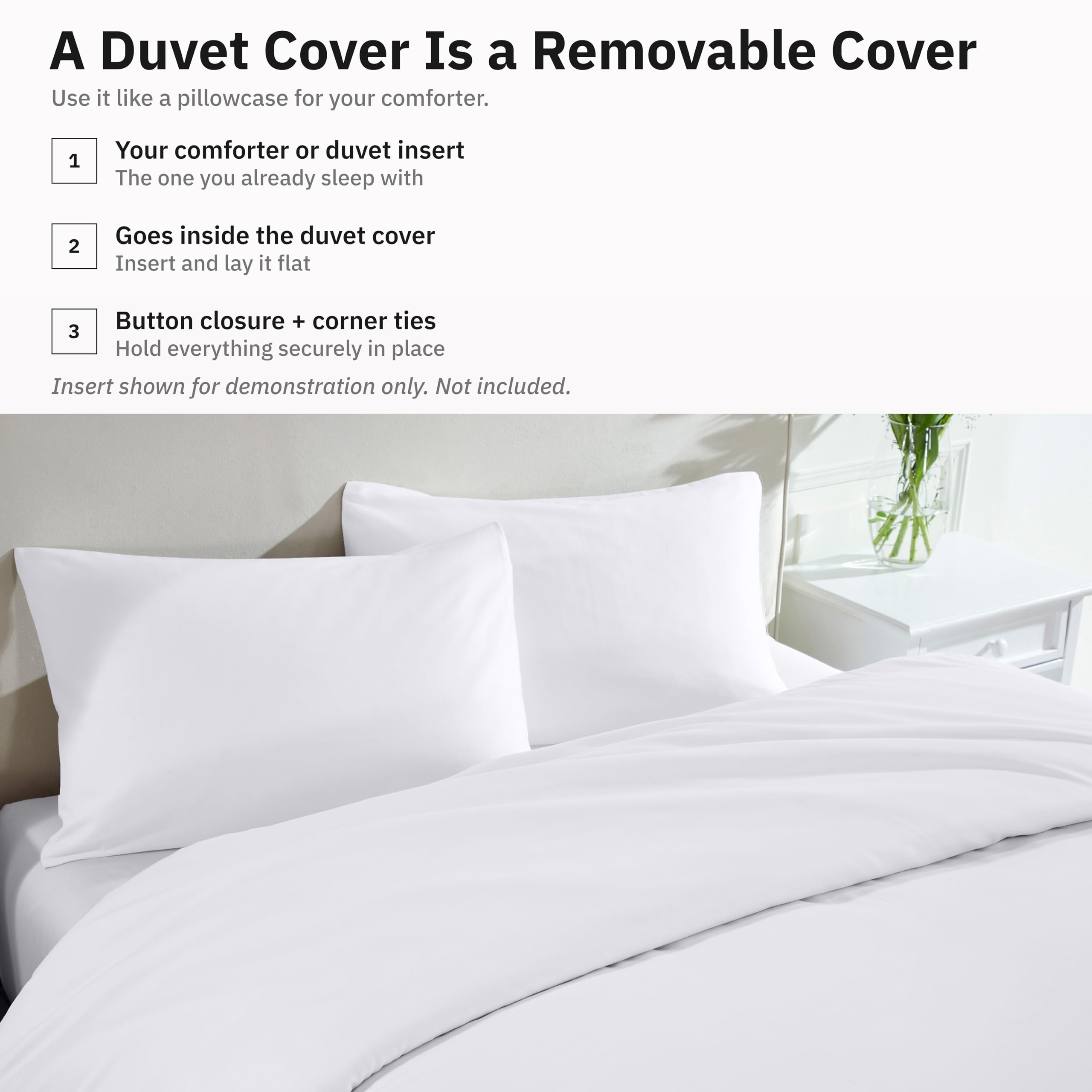 California Design Den interior corner ties detail showing four ties benefit: prevents shifting of duvet insert