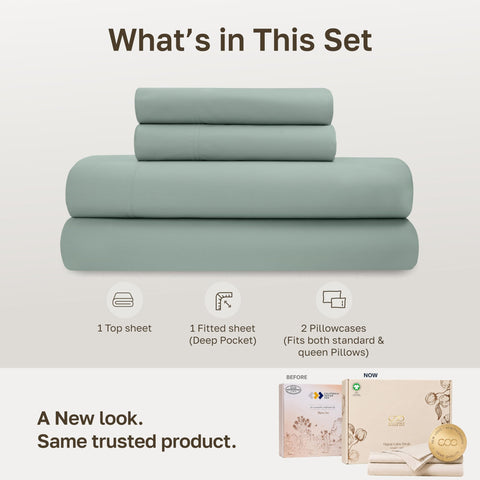 California Design Den fitted sheet on mattress showing deep-pocket fit up to 15-inch mattress benefit