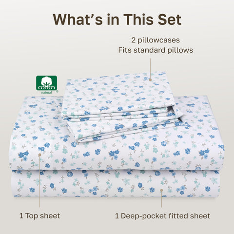 California Design Den flat sheet and pillowcases laid flat showing full set