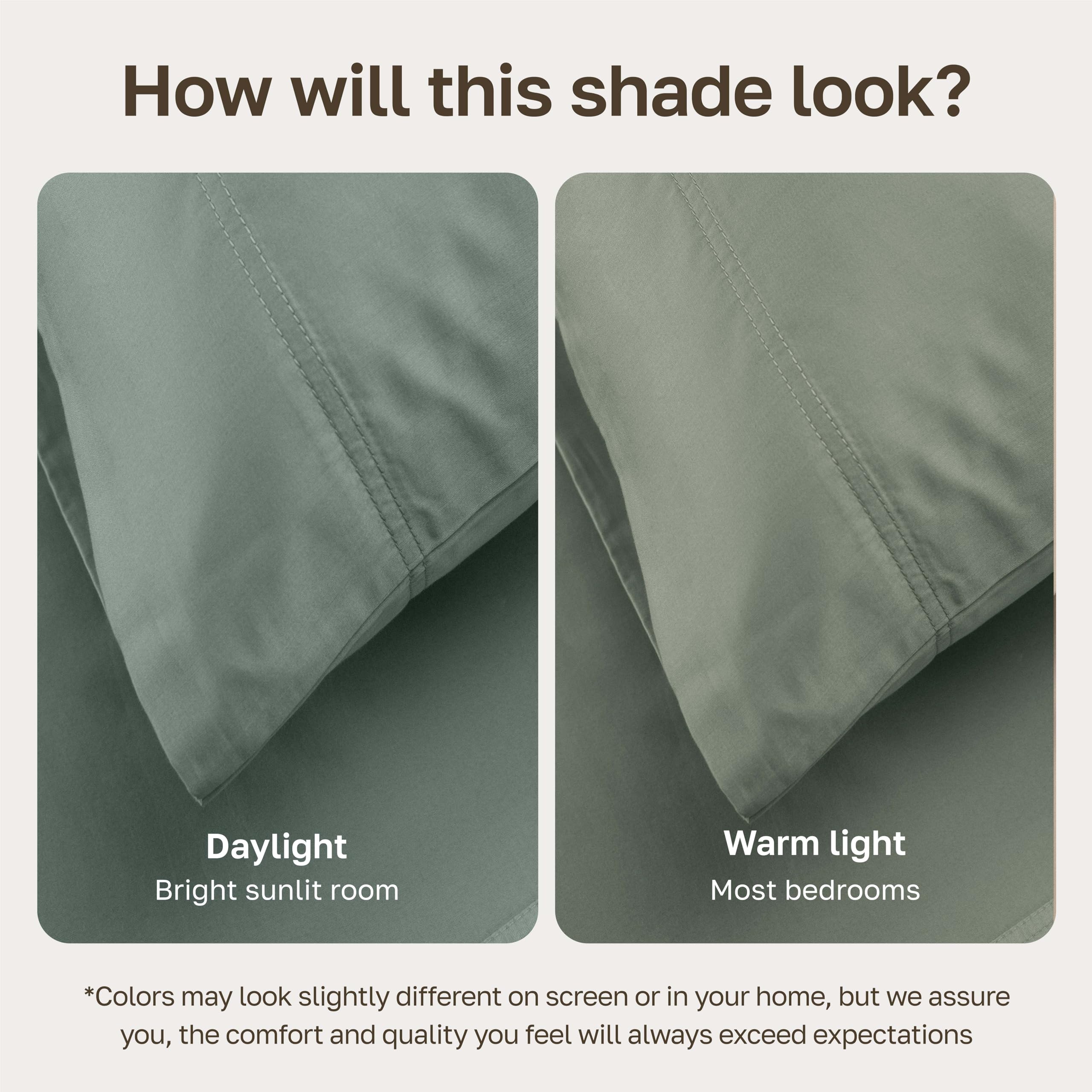 California Design Den flat sheet spread on bed showing full coverage and calming sage color