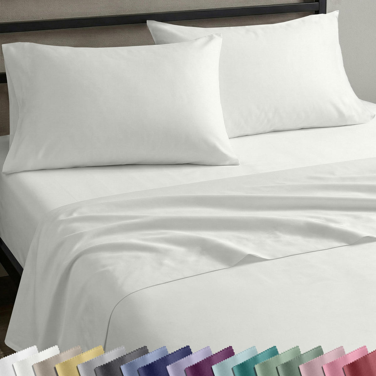 California Design Den front packaging showing ivory sheet set and sustainable box benefits