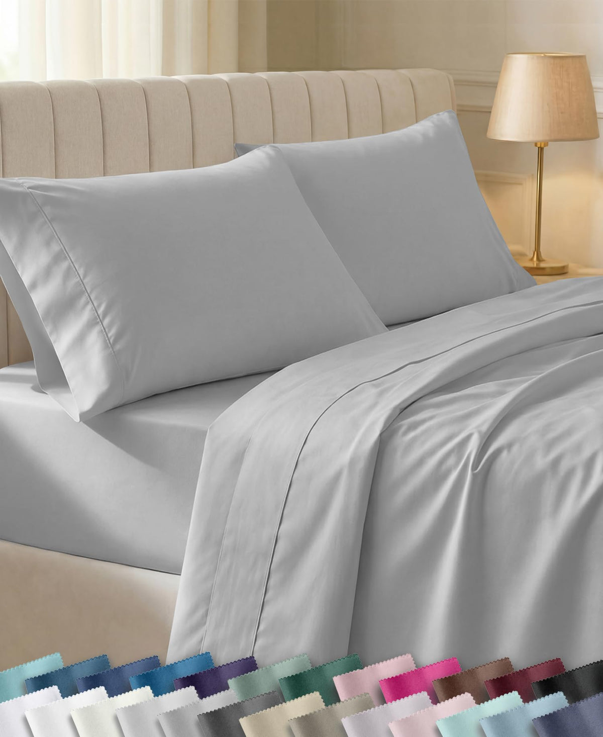 California Design Den front packaging showing soft light grey sheets benefit easy unpacking
