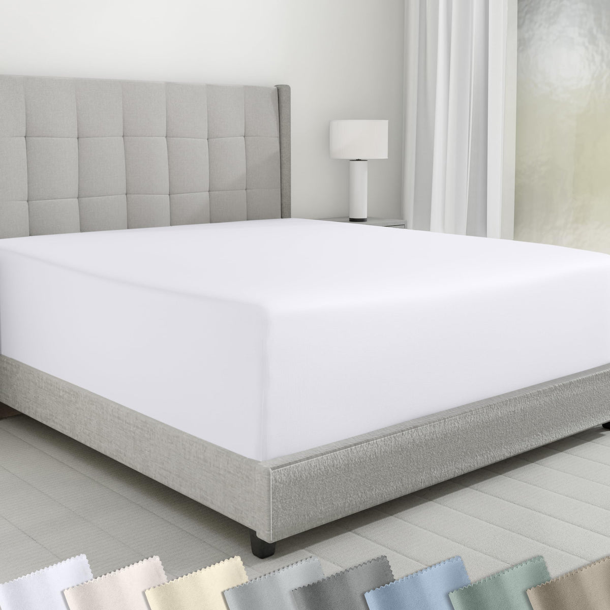 California Design Den front view of white queen fitted sheet packaging showing clean presentation and quality