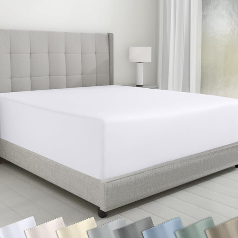 California Design Den front view of white queen fitted sheet packaging showing clean presentation and quality