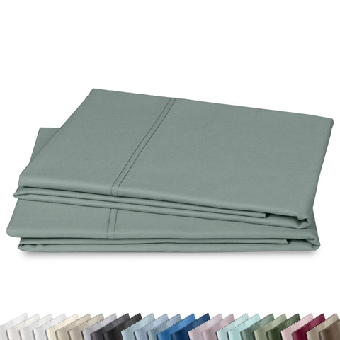California Design Den front packaging showing sage pillowcases and set benefits