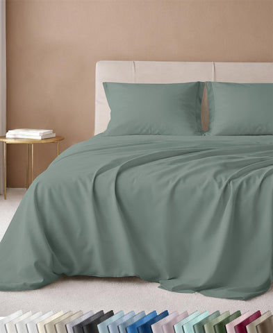 California Design Den front packaging in sage green showing queen sheet set and benefit of premium presentation