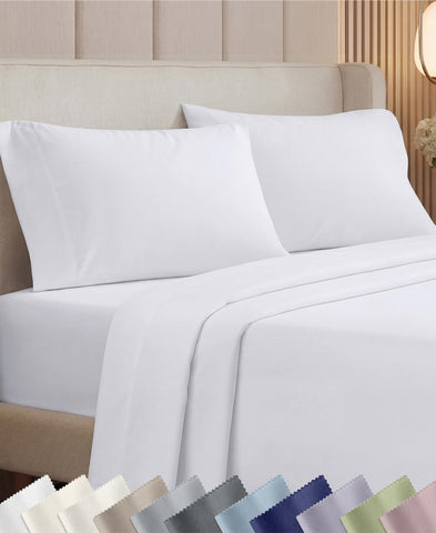 California Design Den front view of folded white sheet set showing premium packaging and quality