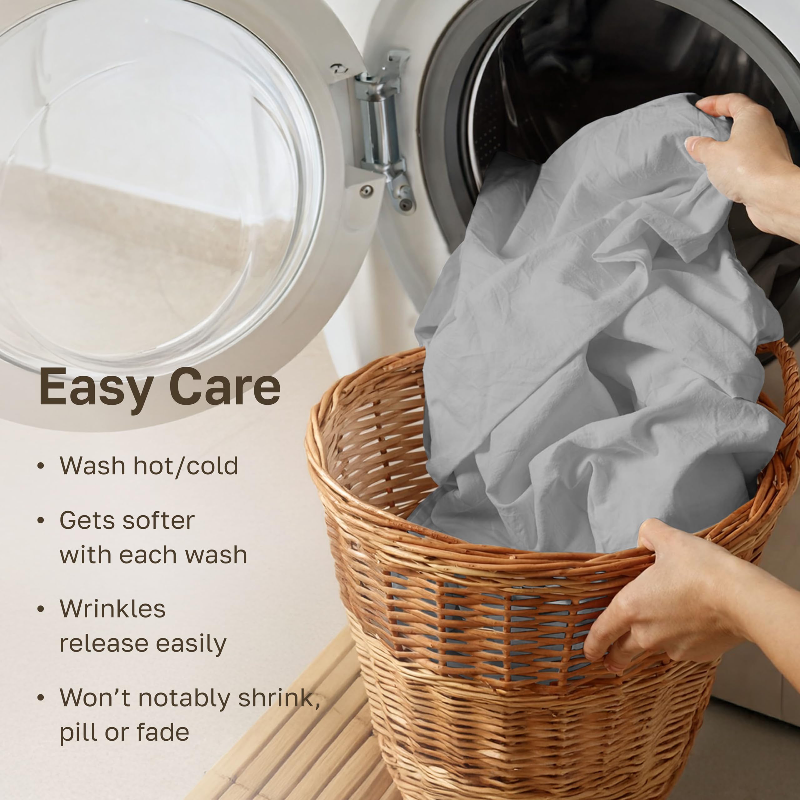 California Design Den label and care tag shows verified thread count and easy care