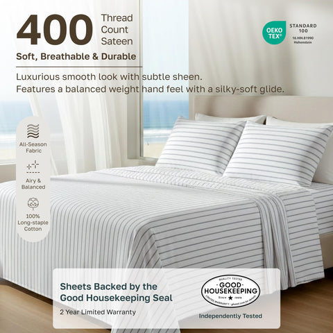California Design Den flat sheet pinstripe detail showing smooth weave and refined look