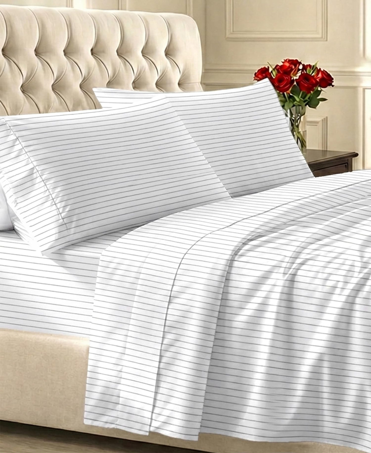 California Design Den front packaging showing pinstripe queen set and eco packaging benefit