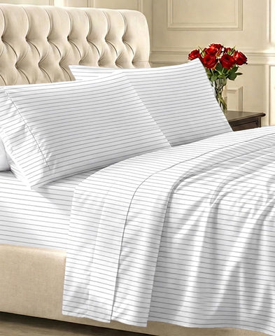 California Design Den front packaging showing pinstripe queen set and eco packaging benefit