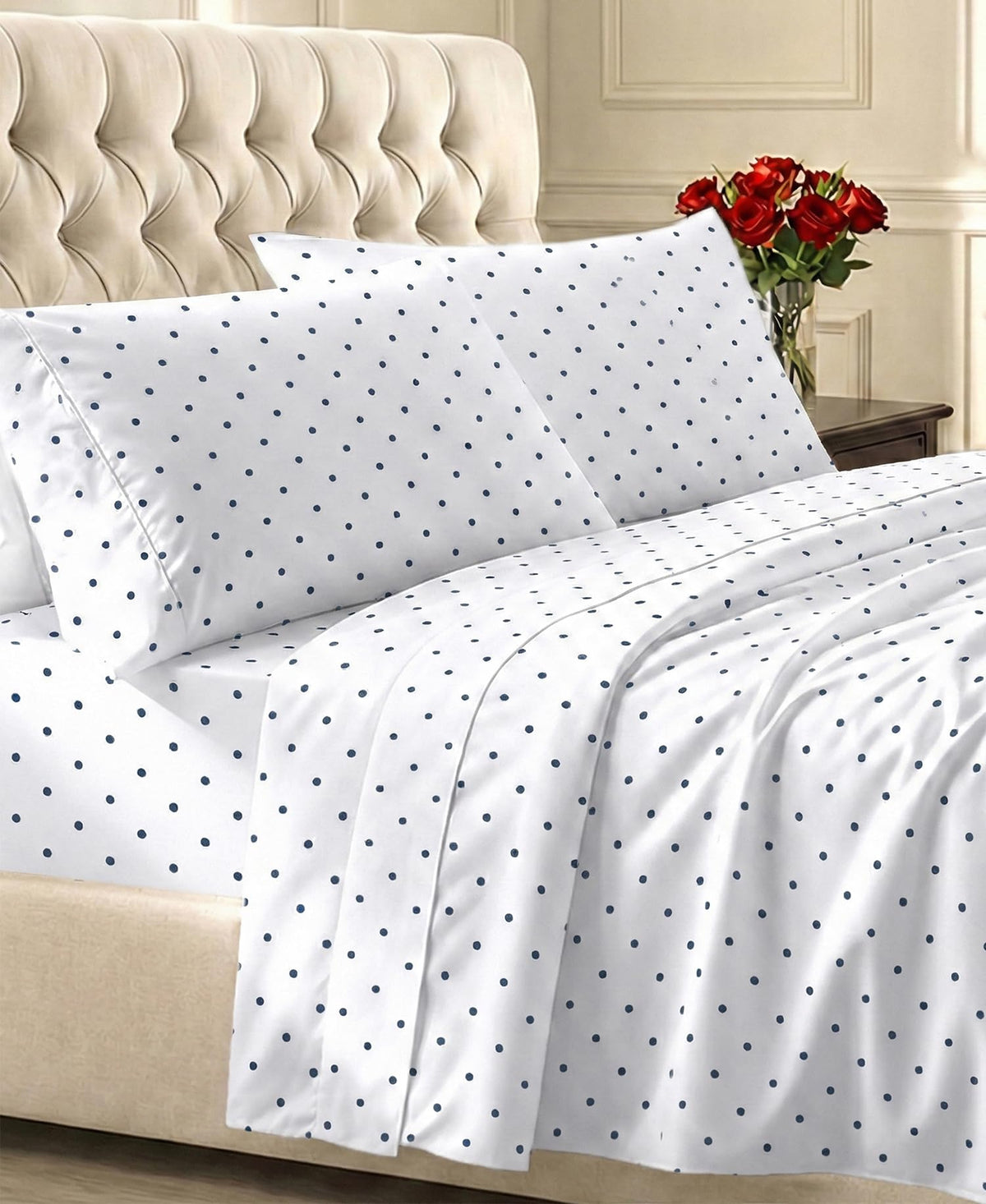 California Design Den front packaging showing polka dot queen sheet set and benefits