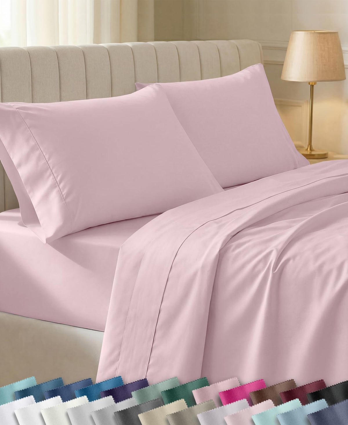 California Design Den front packaging showing pink queen sheet set, highlighting award and benefit