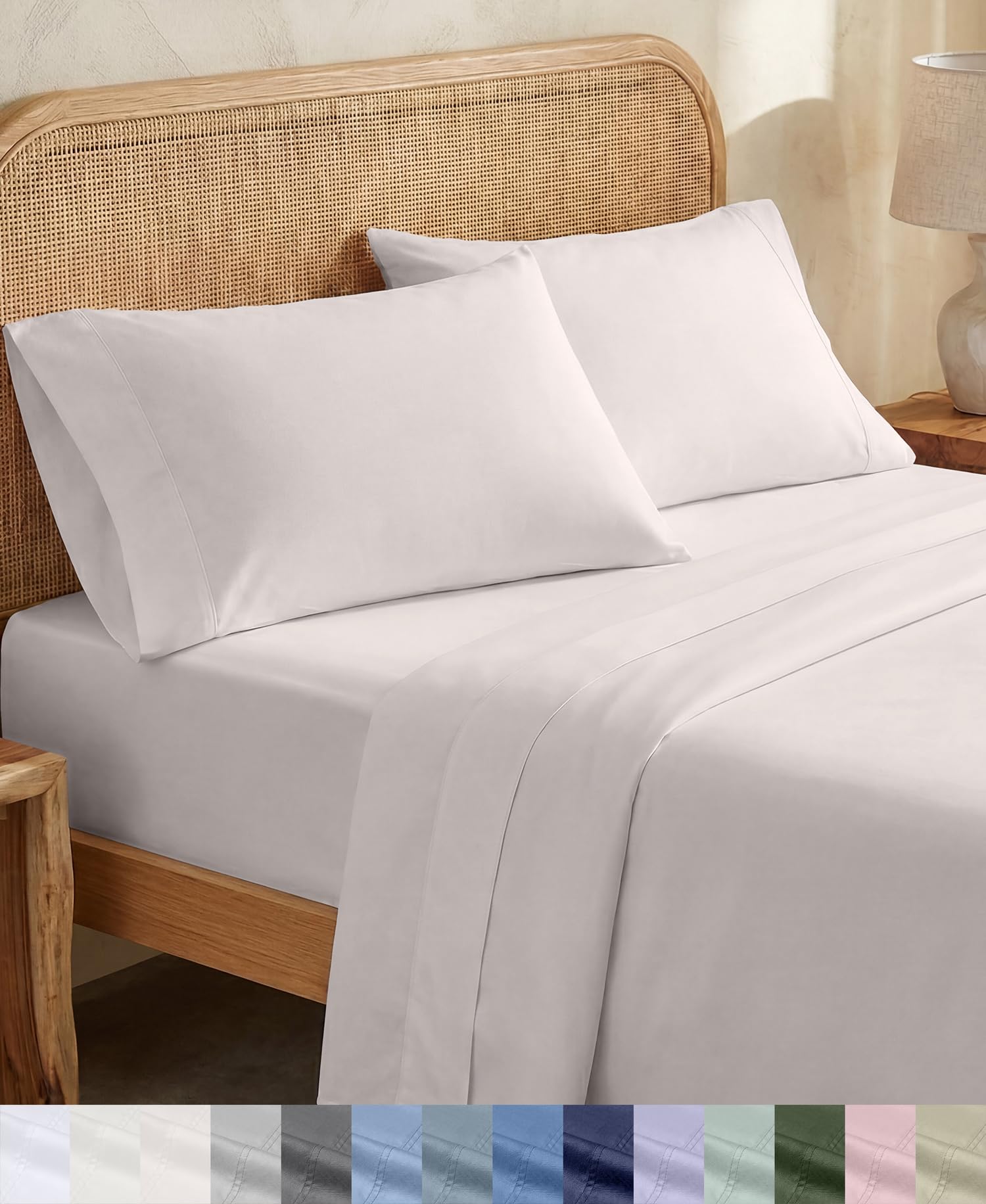 California Design Den front view of queen sheet set showing packaging and benefits