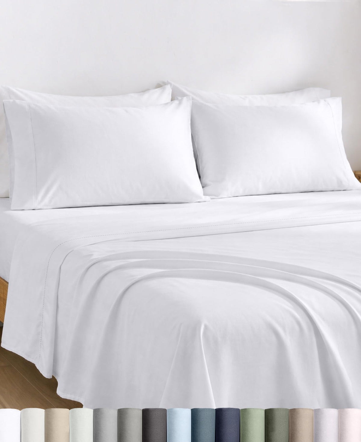 California Design Den front packaging showing white queen sheet set and brand benefit